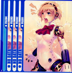 Rule 34 | 1girl, aegis (persona), ahegao, android, atlus, blonde hair, blue eyes, bow, cameltoe, electricity, electrocution, fucked silly, gameplay mechanics, hairband, highres, naughty face, open mouth, persona, persona 3, pussy juice, pussy juice stain, short hair, solo, tasaka shinnosuke, tongue, wet spot