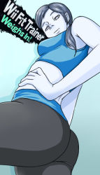 Rule 34 | 1girl, artist request, ass, breasts, colored skin, from below, hand on own hip, long hair, looking down, midriff, nintendo, non-web source, ponytail, silver hair, solo, spandex, super smash bros., tank top, white skin, wii fit, wii fit trainer, wii fit trainer (female)