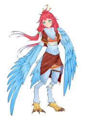 Rule 34 | 1girl, absurdres, bird legs, blue feathers, blue wings, blush, brown skirt, commentary request, da zhizhu, feathered wings, feathers, flat chest, full body, green eyes, harpy, highres, long hair, low twintails, midriff, monster girl, navel, neck fur, original, red hair, simple background, skirt, solo, tail, talons, twintails, white background, winged arms, wings
