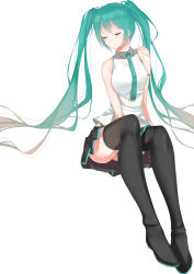 Rule 34 | 1girl, boots, closed eyes, green hair, hatsune miku, highres, long hair, necktie, simple background, sitting, skirt, solo, thigh boots, thighhighs, twintails, u.n.k., very long hair, vocaloid, white background