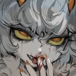 Rule 34 | 1girl, blood, blood on face, blood on hands, bright pupils, claws, colored sclera, commentary, cyany, english commentary, grey hair, hand up, highres, horns, imuthar (cyany), licking, licking finger, long hair, looking at viewer, monster girl, open mouth, orange eyes, orange horns, original, portrait, solo, tongue, tongue out, yellow pupils, yellow sclera