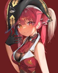 Rule 34 | 1girl, absurdres, arrow through heart, ascot, bicorne, black gloves, breasts, cleavage, closed mouth, collared jacket, cropped jacket, eyepatch, eyepatch pull, gloves, hair between eyes, hair ribbon, hand up, hat, heterochromia, highres, hololive, houshou marine, jacket, large breasts, leotard, leotard under clothes, light blush, long hair, looking at viewer, pirate hat, red ascot, red background, red eyes, red hair, red jacket, red ribbon, ribbon, see-through, see-through cleavage, see-through leotard, sleeveless, sleeveless jacket, smile, solo, twintails, upper body, virtual youtuber, wodnjs6712, yellow eyes