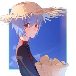 Rule 34 | 1girl, :|, ayanami rei, basket, black bodysuit, blue hair, blue sky, blush, bodysuit, border, breasts, closed mouth, cloud, evangelion: 3.0+1.0 thrice upon a time, expressionless, from side, hair between eyes, hat, highres, holding, holding basket, looking at viewer, neon genesis evangelion, nyansky, outside border, pilot suit, plugsuit, potato, rebuild of evangelion, red eyes, short hair, sidelocks, sky, small breasts, solo, straw hat, sweat, white border, wicker basket