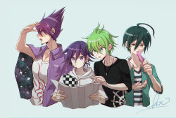 Rule 34 | 4boys, ahoge, alternate costume, amami rantaro, antenna hair, arm up, black hair, black shirt, checkered clothes, checkered neckwear, checkered scarf, collarbone, commentary request, cropped torso, danganronpa (series), danganronpa v3: killing harmony, food, green eyes, green hair, green shirt, grey background, hair between eyes, highres, holding, holding map, hood, hood down, hoodie, in mouth, jacket, jacket on shoulders, jewelry, kitsunebi v3kokonn, long neck, looking afar, male focus, map, momota kaito, multiple boys, necklace, open mouth, oma kokichi, pointing, popsicle, print shirt, purple eyes, saihara shuichi, scarf, shirt, short hair, signature, simple background, sleeveless, sleeveless shirt, sleeves past elbows, space print, spiked hair, starry sky print, sweat, upper body