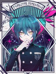 Rule 34 | 1boy, ahoge, black jacket, buttons, commentary request, crossed bangs, danganronpa (series), danganronpa v3: killing harmony, double-breasted, goto (sep), green hair, hair between eyes, hand up, highres, jacket, long sleeves, looking at viewer, male focus, multicolored background, pale skin, saihara shuichi, solo, striped clothes, striped jacket, translation request, upper body, vertical-striped clothes, vertical-striped jacket, yellow eyes