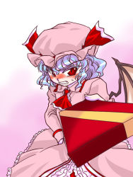 Rule 34 | 1girl, ascot, bat wings, blue hair, blush, bow, dress, embarrassed, fang, female focus, gift, hat, kisaragi ryou (sougetsu-tei), open mouth, red eyes, remilia scarlet, short hair, slit pupils, solo, touhou, tsundere, valentine, wings