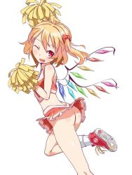 Rule 34 | 1girl, ass, blonde hair, bottomless, cheerleader, fang, flandre scarlet, midriff, no panties, nude filter, open mouth, pleated skirt, pom pom (cheerleading), red eyes, shoes, side ponytail, simple background, skirt, sneakers, socks, solo, sushoyushi, third-party edit, touhou, wings