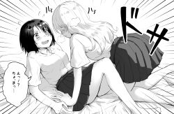 Rule 34 | 2girls, absurdres, arm support, barefoot, betock, blush, blush visible through hair, commentary request, flying sweatdrops, girl on top, greyscale, highres, long hair, looking at another, monochrome, multiple girls, on bed, open mouth, original, photoshop (medium), pleated skirt, school uniform, shirt tucked in, short hair, short sleeves, skirt, sound effects, speech bubble, sweat, translation request, yuri