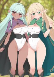 Rule 34 | 2girls, black cape, black wristband, blonde hair, blurry, blurry background, blush, braid, braided sidelock, breasts, cape, capelet, character request, cleavage, closed mouth, commentary request, copyright request, covered navel, dark-skinned female, dark elf, dark skin, dot mouth, elf, eltolinde (unicorn overlord), french braid, green capelet, green eyes, hand up, highleg, highleg leotard, highres, large breasts, leotard, long hair, looking at viewer, multiple girls, pointy ears, purple capelet, ransusan, red eyes, rosalinde (unicorn overlord), smile, unicorn overlord, white hair, white leotard