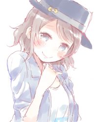 Rule 34 | 10s, 1girl, blue eyes, blush, bow, fedora, grey hair, hand on own chin, hat, hat bow, head tilt, jacket, looking at viewer, love live!, love live! school idol festival, love live! sunshine!!, pale color, shijimi kozou, short hair, simple background, sketch, smile, solo, upper body, watanabe you, white background