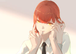 Rule 34 | 1girl, black necktie, chainsaw man, commentary request, long sleeves, makima (chainsaw man), necktie, pov, red hair, shirt, solo focus, tenshin kagehisa, upper body, white shirt, yellow eyes