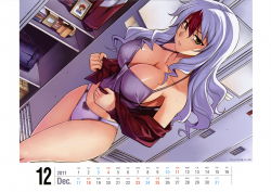 Rule 34 | 1girl, 2011, absurdres, amelia evans, breasts, brown hair, calendar, camisole, cleavage, dutch angle, freezing (series), highres, kim kwang hyun, large breasts, legs, light purple hair, locker, long hair, multicolored hair, official art, panties, photo (object), purple panties, solo, thighs, two-tone hair, underwear, undressing