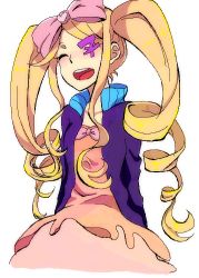 Rule 34 | 10s, 1girl, bad id, bad pixiv id, blonde hair, drill hair, eyepatch, closed eyes, harime nui, jacket, kill la kill, merimo, no arms, oekaki, smile, solo, spoilers, twin drills, twintails, white background