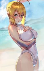 Rule 34 | 1girl, absurdres, ahoge, arm under breasts, artoria pendragon (fate), artoria pendragon (lancer) (fate), bare shoulders, beach, blonde hair, blue eyes, blue sky, blush, braid, braided bun, breasts, clothing cutout, cloud, cowboy shot, day, embarrassed, fate/grand order, fate (series), french braid, from side, green eyes, hair between eyes, hair bun, halterneck, hand on own chest, highres, large breasts, looking at viewer, mountainous horizon, ocean, one-piece swimsuit, open mouth, outdoors, parted bangs, rolua, sand, shore, side cutout, sidelocks, skin tight, sky, solo, standing, swept bangs, swimsuit, thighs, water, wet, wet hair, white one-piece swimsuit