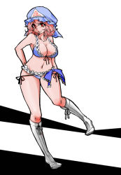 Rule 34 | 1girl, adapted costume, bikini, boots, breasts, cleavage, female focus, frilled bikini, frills, front-tie top, hat, hzmx, large breasts, navel, pink hair, red eyes, saigyouji yuyuko, short hair, smile, solo, sports bikini, swimsuit, touhou, triangular headpiece, wrestling outfit