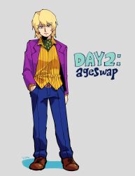 Rule 34 | 1boy, aged up, alternate costume, belt, blonde hair, blue pants, brown footwear, closed mouth, commentary, english commentary, english text, full body, grey background, hanazawa teruki, hand in pocket, highres, jacket, kyokyeo, long sleeves, looking at viewer, male focus, mob psycho 100, orange shirt, pants, purple jacket, shirt, shoes, short hair, simple background, solo, standing, striped clothes, striped shirt, suit jacket, vertical-striped clothes, vertical-striped shirt