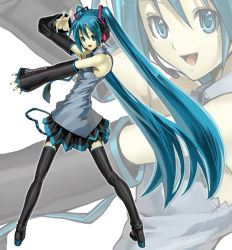 Rule 34 | 1girl, bare shoulders, blue hair, blue nails, boots, detached sleeves, hatsune miku, long hair, nail polish, nakabayashi reimei, open mouth, outstretched arm, smile, solo, thigh boots, thighhighs, twintails, very long hair, vocaloid, zettai ryouiki, zoom layer