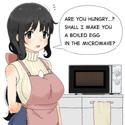 Rule 34 | 1girl, aiu404l, apron, black hair, breasts, brown apron, comic sans, cowboy shot, egg, english text, food on body, food on breasts, grey eyes, highres, jaggy lines, large breasts, light smile, long hair, looking at viewer, messy hair, microwave, mole, mole under mouth, notice lines, open mouth, original, pinstripe pattern, pinstripe sweater, short sleeves, sidelocks, simple background, solo, speech bubble, striped, sweater, turtleneck, turtleneck sweater, white background, yellow sweater