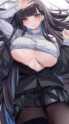 Rule 34 | 1girl, absurdres, black hair, black pantyhose, black suit, blue archive, blunt bangs, blush, breasts, bright pupils, clothes lift, formal, hair ornament, hair spread out, hairclip, highres, holster, large breasts, long hair, looking at viewer, lshiki, lying, pantyhose, red eyes, ribbed sweater, rio (blue archive), sketch, suit, sweat, sweater, sweater lift, thigh holster, turtleneck, turtleneck sweater, very long hair, white sweater