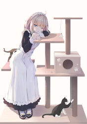 Rule 34 | 1girl, ;o, aa-12 (girls&#039; frontline), absurdres, alternate costume, animal, black dress, black footwear, blonde hair, blue eyes, cat, cat tower, dress, enmaided, full body, girls&#039; frontline, head rest, highres, long sleeves, looking at viewer, maid, maid headdress, one eye closed, own hands together, parted lips, short hair, simple background, sitting, solo, white background