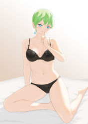Rule 34 | 1girl, absurdres, arm behind back, bare shoulders, bed, black bra, black panties, blue eyes, bra, breasts, closed mouth, collarbone, copper, earrings, finger to mouth, full body, green hair, highres, izumo tenka, jewelry, looking at viewer, mato seihei no slave, medium breasts, navel, panties, short hair, shushing, simple background, sitting, smile, solo, stomach, underwear