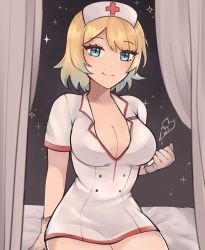 Rule 34 | 1girl, bed, blonde hair, blue eyes, breasts, cleavage, curtains, fire emblem, fire emblem heroes, fjorm (fire emblem), gloves, halloween, halloween costume, hat, highres, holding, holding needle, hospital bed, looking at viewer, medium breasts, needle, nintendo, nurse cap, purrlucii, short hair, sitting, smile, solo, sparkle background, thighs, watermark