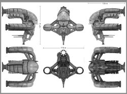 Rule 34 | character sheet, commentary, concept art, crowsrock, eve online, frigate (eve online), from side, greyscale, highres, military vehicle, monochrome, multiple views, no humans, original, pirate faction (eve online), science fiction, spacecraft, spaceship, thrusters, traditional media, vehicle focus