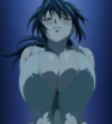Rule 34 | 1girl, asphyxiation, blue hair, breasts, cleavage, drowning, highres, huge breasts, manyuu chifusa, manyuu hikenchou, stitched, takagi jun, third-party edit, underwater