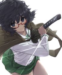 Rule 34 | 1girl, absurdres, black eyes, black hair, black neckerchief, blouse, closed mouth, commentary, drawing sword, fighting stance, girls und panzer, glasses, green skirt, haori, highres, holding, holding sword, holding weapon, japanese clothes, katana, light smile, long sleeves, looking at viewer, medium hair, messy hair, miniskirt, neckerchief, ooarai school uniform, oryou (girls und panzer), oshiri seijin, pleated skirt, ready to draw, red-framed eyewear, sailor collar, school uniform, semi-rimless eyewear, serafuku, shirt, short ponytail, simple background, skirt, solo, standing, sword, under-rim eyewear, weapon, white background, white sailor collar, white shirt