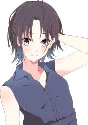 Rule 34 | 1girl, arm behind head, arm up, asakura toru, bare arms, bare shoulders, blue eyes, blue shirt, blush, brown hair, closed mouth, collarbone, collared shirt, dress shirt, enelis, eyebrows hidden by hair, hand in own hair, idolmaster, idolmaster shiny colors, parted bangs, shirt, short hair, simple background, sleeveless, sleeveless shirt, smile, solo, upper body, white background