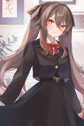 Rule 34 | 1girl, 7aka ne11, absurdres, alternate costume, black jacket, black skirt, blurry, blurry background, blush, bow, bowtie, brown hair, collared shirt, flower-shaped pupils, genshin impact, highres, hu tao (genshin impact), jacket, long hair, long skirt, long sleeves, looking at viewer, parted lips, red bow, red bowtie, red eyes, school uniform, shirt, skirt, smile, solo, symbol-shaped pupils, twintails, white shirt