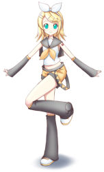 Rule 34 | 1girl, aqua eyes, blonde hair, blouse, bow, capelet, detached sleeves, hair ornament, hairclip, headphones, headset, kagamine rin, kagamine rin (if), leg up, leg warmers, number tattoo, outstretched arms, sasaki akira (ugc), shirt, shoes, shorts, shoulder tattoo, sleeveless, sleeveless shirt, smile, solo, tattoo, twintails, vocaloid