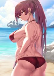 Rule 34 | 1girl, ass, back, beach, bikini, blush, breasts, butt crack, closed mouth, cloud, cloudy sky, cowboy shot, duplicate, earrings, from behind, hand on own hip, heart, heart earrings, heterochromia, highres, hololive, houshou marine, houshou marine (summer), jewelry, large breasts, light rays, looking at viewer, looking back, moisture (chichi), muscular, muscular female, necklace, ocean, outdoors, pirate ship, ponytail, red bikini, red eyes, red hair, revision, rock, sand, silhouette, sky, swimsuit, thighs, virtual youtuber, water, wet, yellow eyes