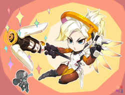 Rule 34 | 1boy, 1girl, armor, blonde hair, blue eyes, boots, chibi, gloves, gun, halo, knee boots, l.wolf, long hair, lucio (overwatch), mechanical halo, mechanical wings, mercy (overwatch), open mouth, overwatch, overwatch 1, pantyhose, ponytail, ribbit lucio, sparkle, spread wings, staff, thick thighs, thighs, weapon, wide hips, wings