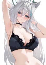 Rule 34 | 1girl, animal ear fluff, animal ears, armpits, bare shoulders, black bra, blue archive, blue eyes, blush, bra, breasts, choker, cleavage, collarbone, cross hair ornament, extra ears, grey hair, hair ornament, halo, highres, large breasts, long hair, looking at viewer, marisasu (marisa0904), navel, shiroko (blue archive), shiroko terror (blue archive), sidelocks, solo, underwear, wolf ears