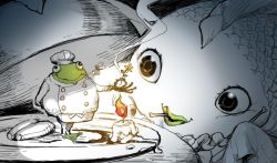 Rule 34 | bone, bug, candle, chef hat, chef, fish, flower, fly, fork, frilled collar, frog, bug, no humans, original, parallela66, plate, scales, size difference, smile