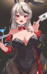 Rule 34 | 1girl, animal ears, bare shoulders, black hair, black jacket, black leotard, black pantyhose, bow, bowtie, breasts, card, cleavage, cocktail glass, collar, commentary request, covered navel, cowboy shot, cup, detached collar, drinking glass, fake animal ears, grey hair, highres, holding, holding card, holding tray, hololive, jacket, large breasts, leotard, long hair, long sleeves, looking at viewer, multicolored hair, open mouth, pantyhose, pendora1022, plaid, plaid bow, plaid bowtie, playboy bunny, rabbit ears, red bow, red bowtie, red eyes, sakamata chloe, solo, strapless, strapless leotard, streaked hair, traditional bowtie, tray, virtual youtuber, white collar