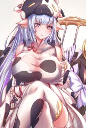 Rule 34 | 1girl, animal ears, animal print, antiqq, bare shoulders, bikini, blue hair, blush, breasts, catura (granblue fantasy), cleavage, cow ears, cow girl, cow hat, cow horns, cow print, crossed legs, detached sleeves, draph, ear piercing, granblue fantasy, highres, horns, key, large breasts, long hair, looking at viewer, motor vehicle, motorcycle, piercing, pointy ears, purple eyes, see-through, short shorts, shorts, sitting, solo, swimsuit, thighhighs, thighs, white bikini, white shorts, white thighhighs, wide sleeves