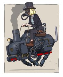 Rule 34 | 1girl, blonde hair, bob cut, capelet, commentary, gas mask, gatling santouhei, gun, hat, highres, holster, holstered, locomotive, mask, original, riding, robot, science fiction, short hair, simple background, solo, steam locomotive, steampunk, thigh holster, top hat, weapon