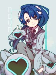 Rule 34 | 1girl, black eyes, black necktie, blue hair, breasts, chinese commentary, closed mouth, coat, collared shirt, employee (project moon), grey coat, grey pants, grey vest, head tilt, heart, highres, horns, lobotomy corporation, long hair, long sleeves, necktie, open clothes, open coat, pants, ponytail, project moon, shirt, small breasts, smile, solo, tesna, vest, white shirt