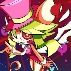 Rule 34 | 1girl, animal ears, blush stickers, breasts, crazy eyes, fangs, green hair, hat, highres, hu dac, leotard, mad rat dead, mouse (animal), mouse ears, mouse girl, mouse tail, nippon ichi, notched ear, rat god, red eyes, tail, tie clip, top hat, wings, wrist cuffs