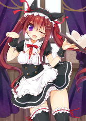 Rule 34 | 1girl, animal ears, apron, blush, breasts, brown hair, cat ears, cup, curtains, fang, frills, hairband, highres, long hair, looking at viewer, maid, maid apron, maid headdress, mao (alepricos), one eye closed, open mouth, original, panties, paw pose, plate, purple eyes, ribbon-trimmed collar, ribbon trim, small breasts, smile, solo, teapot, thighhighs, tray, twintails, underwear, very long hair, waitress, window, wink, wrist cuffs