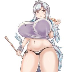 Rule 34 | 1girl, bikini, bikini bottom only, black bikini, black panties, blue hair, bow, bow bikini, bow panties, breasts, brown eyes, commentary, commission, cowboy shot, curvy, eating, english commentary, feathers, food, gradient hair, highres, huge breasts, kikimora (monster girl encyclopedia), long hair, looking at viewer, maid, maid bikini, monster girl encyclopedia, multicolored hair, nav (itsnav), navel, panties, pizza, shirt, side-tie bikini bottom, side-tie panties, silver hair, simple background, skindentation, solo, stomach, swimsuit, tail, thighs, tied shirt, unconventional maid, underwear, white background, white shirt
