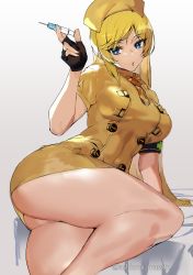 Rule 34 | 1girl, :o, adapted costume, ashiomi masato, ass, bent over, blonde hair, blue eyes, breasts, commentary request, guilty gear, guilty gear strive, hat, highres, knee up, leaning forward, looking at viewer, looking back, millia rage, needle, nurse, nurse cap, solo, thick thighs, thighs, upskirt, white background