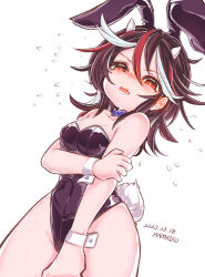 Rule 34 | 1girl, animal ears, artist name, bare shoulders, black hair, black leotard, blush, cowboy shot, dated, embarrassed, fake animal ears, fangs, flying sweatdrops, hamriku, hand on own arm, highres, horns, kijin seija, leotard, long hair, looking at viewer, multicolored hair, open mouth, playboy bunny, rabbit ears, rabbit tail, red eyes, red hair, revision, simple background, skin fangs, solo, strapless, strapless leotard, streaked hair, tail, touhou, white background, white hair, wrist cuffs