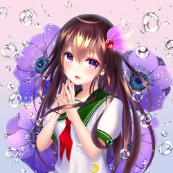 Rule 34 | 1girl, blue background, brown hair, fingers together, flower, gradient background, green sailor collar, hair between eyes, hair ornament, highres, jewelry, kantai collection, kisaragi (kancolle), long hair, looking at viewer, neckerchief, open mouth, pink background, purple eyes, red neckerchief, ribbon, ring, sailor collar, school uniform, serafuku, shirt, short sleeves, smile, solo, upper body, wabi chazuke, water drop, wedding band, wedding ring, white shirt