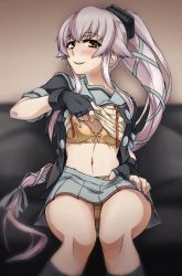 Rule 34 | 1girl, akito (sub707), black gloves, black jacket, black socks, bra, brown eyes, clothes lift, commentary request, couch, feet out of frame, gloves, grey sailor collar, grey skirt, hair flaps, highres, jacket, kantai collection, kneehighs, lifted by self, long hair, neck ribbon, panties, pantyshot, partially fingerless gloves, pink hair, pleated skirt, ponytail, red ribbon, ribbon, sailor collar, school uniform, serafuku, shirt lift, short sleeves, sitting, skirt, socks, solo, underwear, undone neck ribbon, very long hair, yellow bra, yellow panties, yura (kancolle), yura kai ni (kancolle)