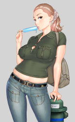 Rule 34 | 1girl, backpack, bag, belt, breasts, brown hair, cleavage, denim, food, forehead, grey background, highres, jeans, looking at viewer, midriff, mole, mole under eye, original, pants, popsicle, red-p, simple background, solo, teeth, tongue, tongue out