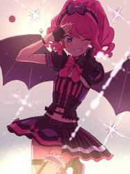 Rule 34 | 10s, 1girl, ;d, aikatsu! (series), aikatsu stars!, bat wings, blue eyes, blush, boots, bow, bowtie, clothing cutout, commentary request, crop top, detached sleeves, drill hair, english text, fake wings, fingerless gloves, frills, gem, gloves, grin, hair bow, hairband, highres, idol, lace trim, leg up, lights, long hair, looking at viewer, navel, navel cutout, one eye closed, open mouth, pink hair, pointing, pointing at viewer, puffy short sleeves, puffy sleeves, sakuraba rola, salute, short sleeves, skirt, smile, solo, stage lights, susinoyama, sweat, swept bangs, wings