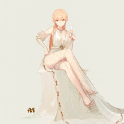 Rule 34 | 1girl, artist name, bare legs, blonde hair, braid, breasts, closed mouth, collarbone, crossed legs, cup, dress, drinking glass, earrings, french braid, girls&#039; frontline, hand on own hip, heart, heart earrings, high heels, highres, holding, holding cup, jewelry, ku rong, legs, long hair, looking away, nail polish, necklace, official alternate costume, ots-14 (destined love) (girls&#039; frontline), ots-14 (girls&#039; frontline), red nails, simple background, sitting, small breasts, solo, white dress, wine glass, yellow eyes